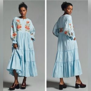 Anthropologie Samant Chauhan Tiered Floral Embroidered Dress | Size 1X